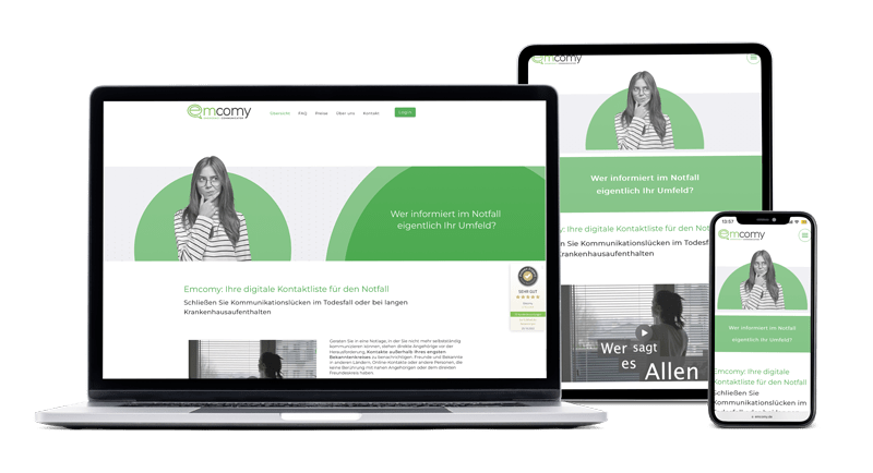 Ansicht der Emcomy Webseite auf Laptop, Smartphone und Tablet.